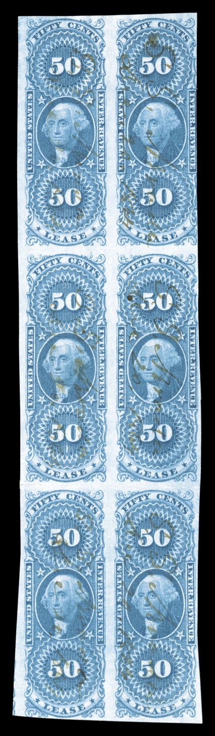 R57a, 50c Lease, imperforate, as mentioned in the previous lot, the Cunliffe collection contains the other largest known multiple of this stamp, this being in the 2x3 format,
bright rich color, 1864 ms. cancels, a couple horizontal creases,