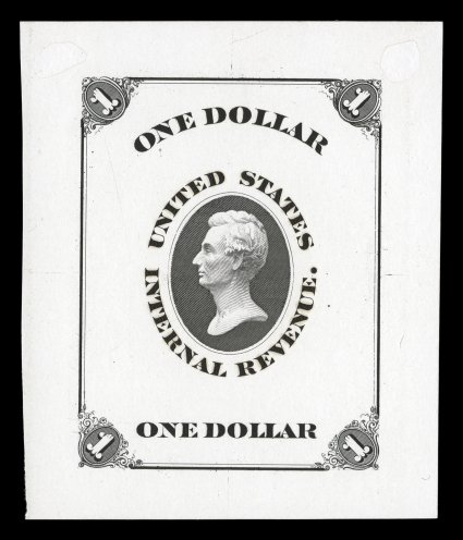 Turner Essay 20a, $1.00 Lincoln U.S.I.R. die essay in black on white glazed paper, 63x75mm, which is uncommonly large for this, two faint spots in the top margin, otherwise
quite fresh and very fine.