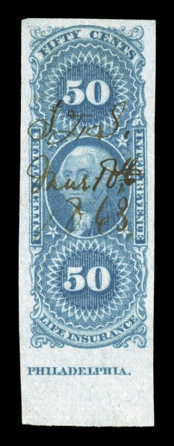 R58a, 50c Life Insurance, imperforate, especially desirable single, possessing lavish margins including a huge bottom sheet margin showing a portion of the imprint, rich bright
color, light 1863 ms. cancel, extremely fine gem.
