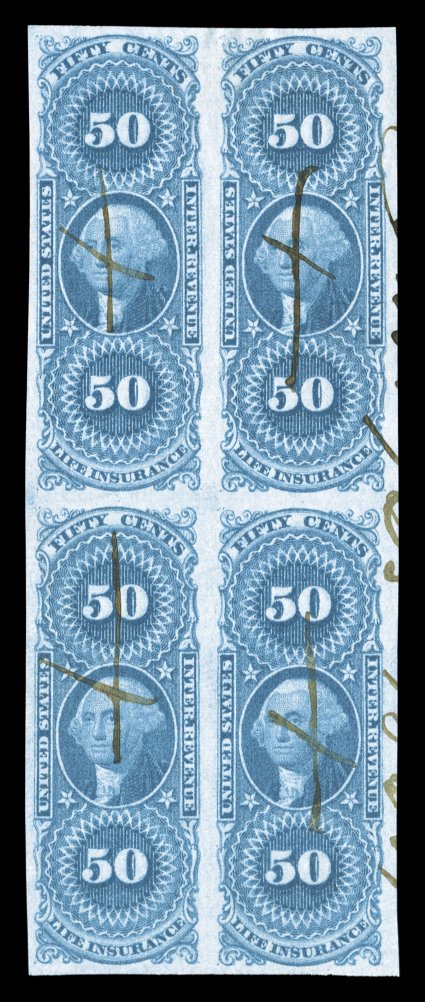 R58a, 50c Life Insurance, imperforate, block of four, large margins all around, deep rich color and a sharp impression, light horizontal crease in bottom stamps, otherwise very
fine and quite handsome a rare and undercataloged block,  this an