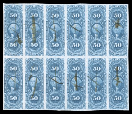 R58a, 50c Life Insurance, imperforate, offered here is the other largest recorded multiple, being a block of twelve in the 6x2 format, large balanced margins, strong color and
impression, light creasing and a few small tears, ms. cancel caus