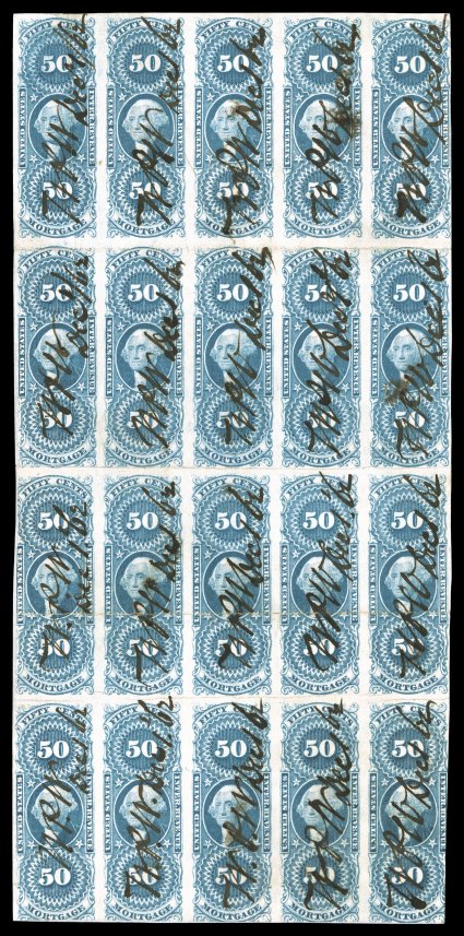 R59a, 50c Mortgage, imperforate, block of twenty (5x4), still affixed to a portion of the original document, strong color, 1862 ms. cancels, horizontal creases which cause
slight paper splitting, fine appearance this is the largest known mult