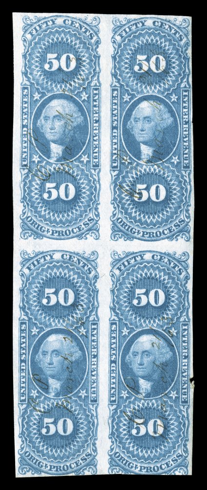 R60a, 50c Original Process, imperforate, block of four, rich color, unusually light 1863 ms. cancels, horizontal creasing as usual, a couple small margin nicks at right, fine
appearance a scarce block.