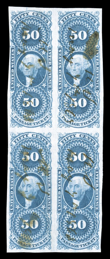 R61a, 50c Passage Ticket, imperforate, block of four, full to large margins all around, lovely rich color and a highly detailed impression, 1863 ms. cancels, left pair with
small flaws, otherwise very fine quite undercataloged in Scott, conside