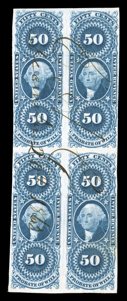 R62a, 50c Probate of Will, imperforate, block of four, deep vibrant color on fresh white paper, mostly full to large margins around, very minor creasing, otherwise very
fine.