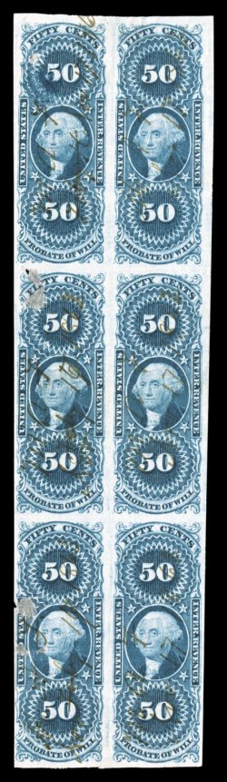 R62a, 50c Probate of Will, imperforate, block of six (2x3), large margins, deep color, 1862 ms. cancels, few facial scuffs and pinholes, light creasing between stamps, very
fine appearance there are only two larger multiples recorded (including