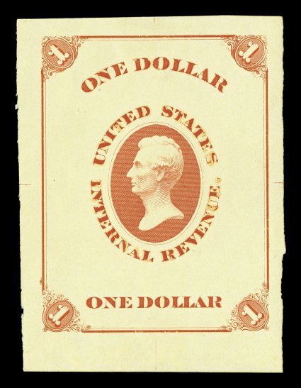 Turner Essay 20ba, $1.00 Lincoln U.S.I.R. die essay in red on yellow surfaced glazed paper, 53x71mm, bright colors, very fine and scarce.