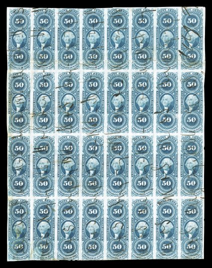 R62a, 50c Probate of Will, imperforate, block of 32 (8x4), rich color throughout, top row with horizontal crease that had separated, the original position of the top was
shifted one stamp to the right, it has been moved to the left to improve th