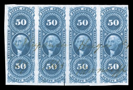 R63a, 50c Surety Bond, imperforate, horizontal strip of four, large margins all around, lovely color that is especially rich and bright, neat 1863 ms. cancel, small scissor cut
at bottom of second stamp, otherwise very fine and quite handsome