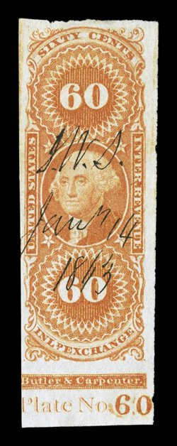 R64a, 60c Inland Exchange, imperforate, bottom margin single showing a portion of the imprint and Plate No. 60, full to large margins, bright color, 1863 ms. cancel, very fine
actually a rare plate number single.