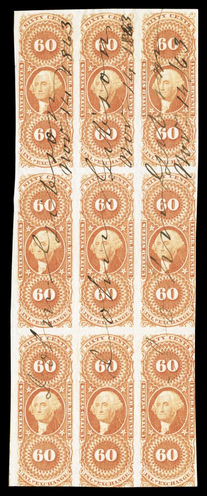 R64a, 60c Inland Exchange, imperforate, block of nine (3x3), brilliant color, 1863 ms. cancels, very faint creasing and two small tears in the left margin, fine-very fine
appearance this is the only recorded block of nine, with just one slightl