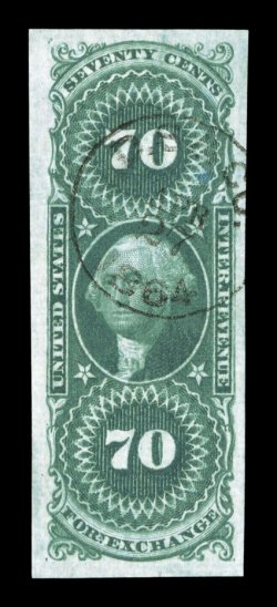 R65a, 70c Foreign Exchange, imperforate, select quality used example of this scarce revenue, possessing exceedingly large margins all around, but just as impressive is the
stamps deep luxuriant color and razor-sharp impression on fresh paper, m