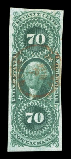R65a, 70c Foreign Exchange, imperforate, pretty used single, large margins, deep rich color and a well incised impression, light red c.d.s. handstamped cancel, extremely
fine.