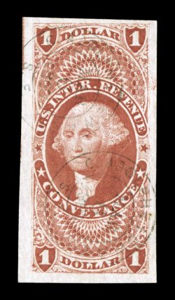 R66a, $1.00 Conveyance, imperforate, striking used single, featuring enormous margins all around, rich bright color and a clean impression, light 1867 double-ring c.d.s.
cancels, an extremely fine gem.
