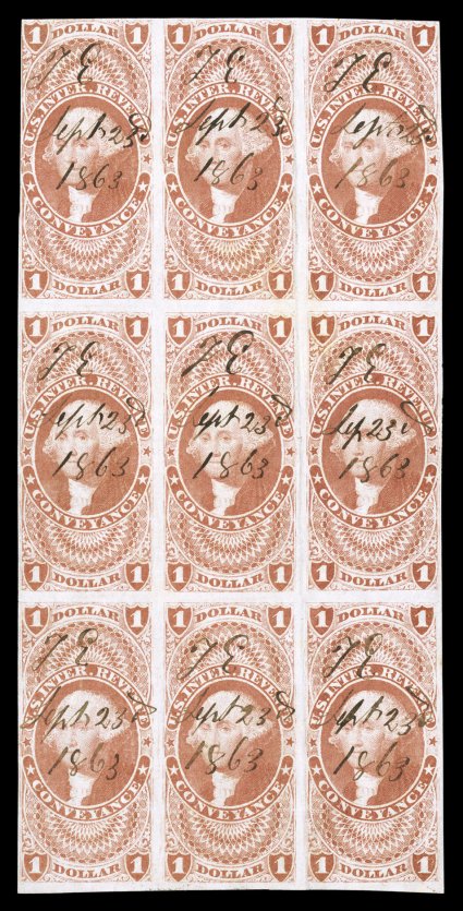 R66a, $1.00 Conveyance, imperforate, block of nine (3x3), rich color, mostly full to large margins, just touching frame line at top left, 1863 ms. cancels, light vertical
crease between second and third columns, small trivial wrinkle at top left