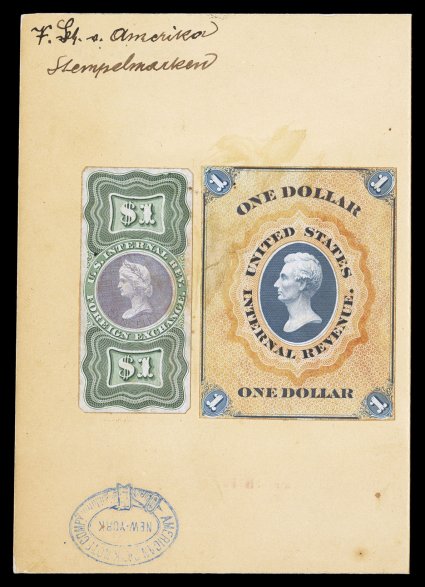 Turner Essays 21a, 1-F, $1.00 Blue and dull orange Lincoln and $1.00 Green and dull purple Liberty composite essay, both mounted on 94x133mm cardboard, with American Bank Note
Co. handstamp at bottom left, bright colors, Lincoln essay with small