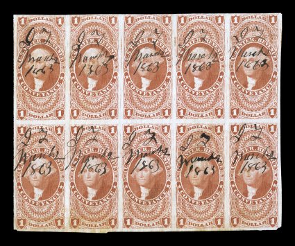 R66a, $1.00 Conveyance, imperforate, block of ten (5x2), with the top left stamp displaying a double frame line at top, strong color, mostly large margins around, 1863 ms.
cancels, vertical crease between third and fourth columns, causing so