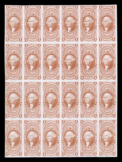 R66a, $1.00 Conveyance, imperforate, block of 24 (6x4), just touching at top, otherwise full to large margins, bright color, light 1863 ms. cancels, excellent quality for such
a large multiple, with just a faint trace of a horizontal crease, ove