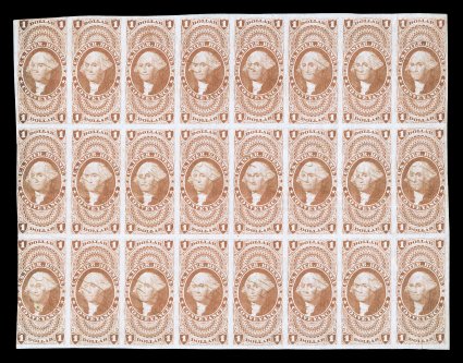 R66a, $1.00 Conveyance, imperforate, offered here is the other known block of 24 (8x3), mostly large margins, into the design at left, attractive color, pressed horizontal
crease through the middle, bottom right stamp with small tear, very fine