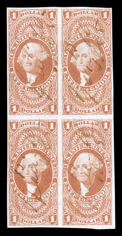 R67a, $1.00 Entry of Goods, imperforate, block of four, full to large margins all around, bright rich color, 1865 ms. cancels, small closed tear at top and small scissor cut
between stamps at right, otherwise very fine the Scott catalog is quit