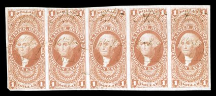 R68a, $1.00 Foreign Exchange, imperforate, horizontal strip of five, large margins all around except just touching at bottom left, very minor wrinkling at bottom, very fine a
handsome strip which also happens to be the largest known multiple
