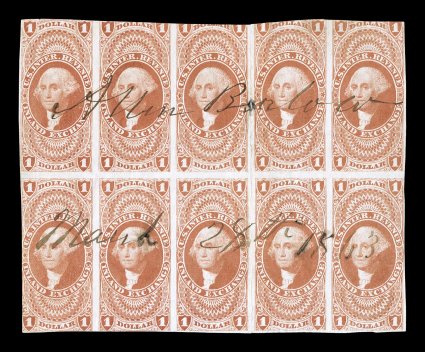 R69a, $1.00 Inland Exchange, imperforate, block of ten (5x2), attractive color, 1863 ms. cancels, horizontal crease through bottom stamps and a reinforced vertical crease
between third and fourth columns, a presentable example of a rare block, w