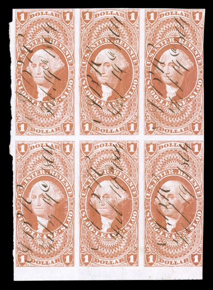 R70a, $1.00 Lease, imperforate, bottom sheet-margin block of six (3x2), lovely rich color, 1864 ms. cancels, light vertical crease that has been reinforced at bottom, fine-very
fine appearance this is the only recorded block of six and the la