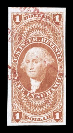 R71a, $1.00 Life Insurance, imperforate, select quality used single, large to huge margins all around including part of the adjoining stamp at top, sumptuously rich color and a
crisp detailed impression, light unobtrusive red handstamped can
