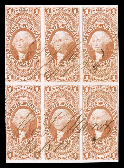 R71a, $1.00 Life Insurance, imperforate, block of six (3x2), strong rich color, close to large margins all around, 1863 ms. cancels, sealed internal tear affecting top two
right stamps, very fine appearance not only the largest known multiple