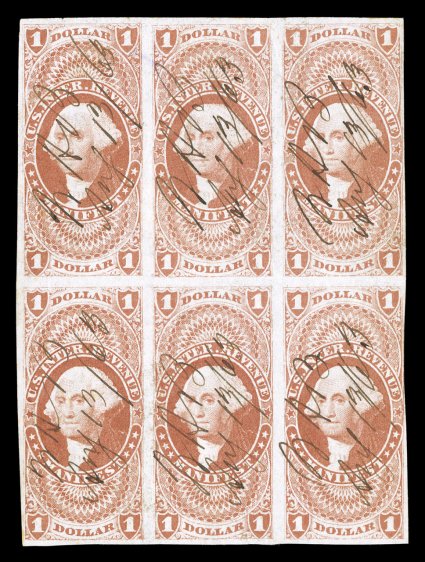 R72a, $1.00 Manifest, imperforate, block of six, close to mostly large margins around, rich bright color, 1863 ms. cancels, horizontal crease between stamps and a couple light
vertical creases, very fine appearance the only recorded block of
