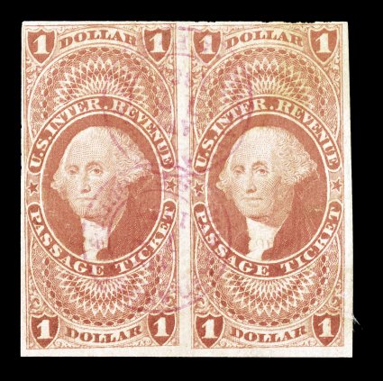 R74a, $1.00 Passage Ticket, imperforate, horizontal pair, four close to large margins, strong color, light red handstamped c.d.s. cancels, the right stamp also has a light ms.
cancel, very fine.