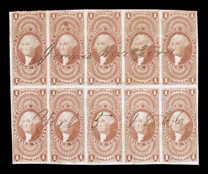 R74a, $1.00 Passage Ticket, imperforate, block of ten (5x2), clear to large margins all around, strong color, neat 1866 ms. cancel, two horizontal creases that just barely
break the paper in a couple places, very fine appearance this is the l