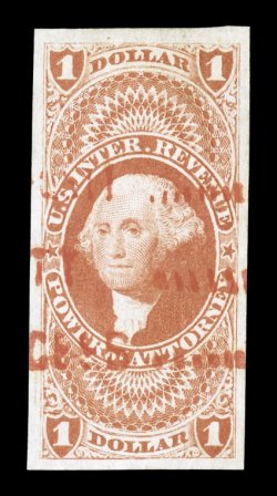 R75a, $1.00 Power of Attorney, imperforate, impressive used single, four large to very large margins, rich color, three-line red handstamped cancel, extremely fine an
exceedingly attractive gem.