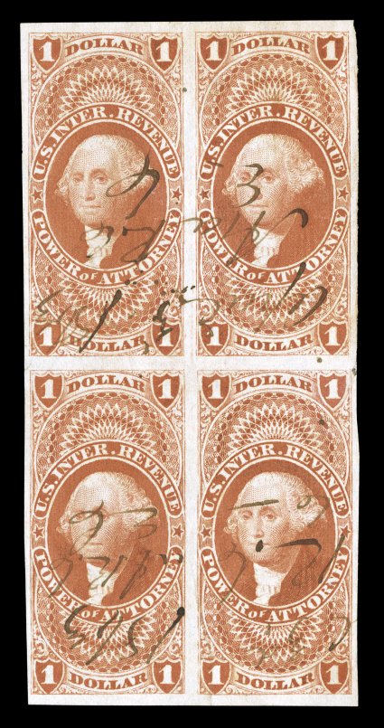 R75a, $1.00 Power of Attorney, imperforate, block of four, large margins all around, deep color, 1863 ms. cancels, small trace of a horizontal crease at right between stamps
and a closed tear in bottom right stamp, otherwise a very fine and choi