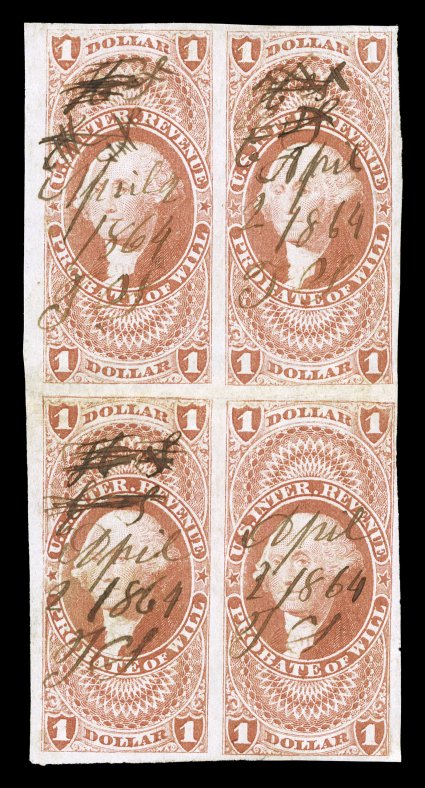 R76a, $1.00 Probate of Will, imperforate, scarce block of four, large margins, 1864 ms. cancels, light creasing, very fine appearance.