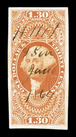 R77a, $1.30 Foreign Exchange, imperforate, four very large and well balanced margins, brilliantly rich color and a strong impression, 1864 ms. cancel, neatly repaired at left,
extremely fine appearance despite the repair, this is one of the mos