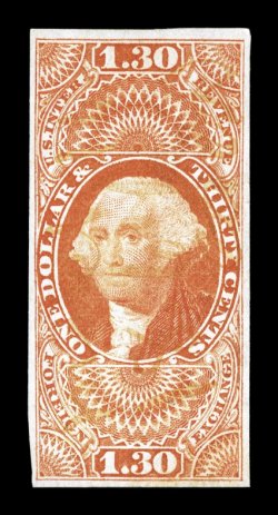 R77a, $1.30 Foreign Exchange, imperforate, full margins all around, bright color, lightened ms. cancel, small flaws, very fine appearance.