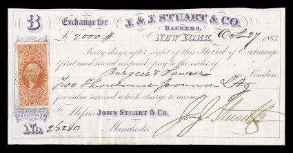 R77a, $1.30 Foreign Exchange, imperforate, tied to foreign exchange check by embossed handstamp of J. & J. Stuart & Co. dated Oct. 26, 1863, stamp with four large margins and
wonderfully bright color, embossing slightly breaks the paper in a cou