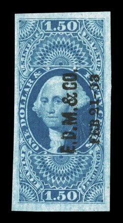 R78a, $1.50 Inland Exchange, imperforate, striking used single, possessing deep luxuriant color and an especially intense impression, lavishly large margins all around, E.D.M.
& Co.Feb 21-63 printed cancel, extremely fine gem.