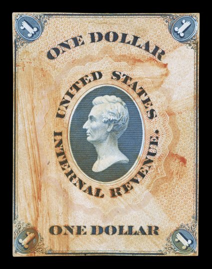Turner Essay 21a, $1.00 U.S.I.R. Lincoln die essay in bright buff and gray blue, 45x61mm, attractive bright colors, faint thin spot, otherwise very fine the scarcest of the One
Dollar Lincoln essays.