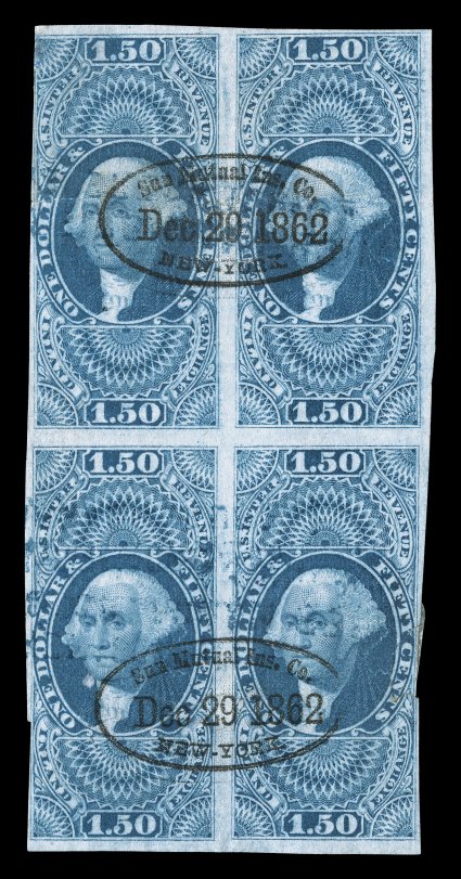 R78a, $1.50 Inland Exchange, imperforate, block of four, margins range from very large to just in a couple places, bright color on fresh white paper, neatly cancelled by 1862
oval handstamps of Sun Mutual Insurance Co., New York, couple light cr