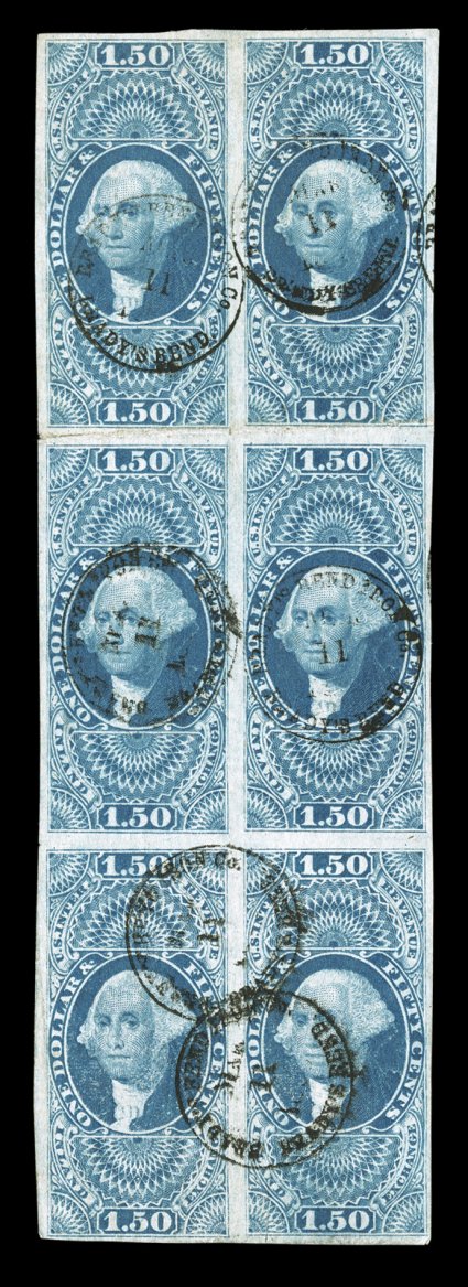R78a, $1.50 Inland Exchange, imperforate, block of six (2x3), large margins all around, bright color, light handstamped c.d.s. cancels, horizontal creases between stamps, very
fine appearance this is the largest recorded multiple with a handsta