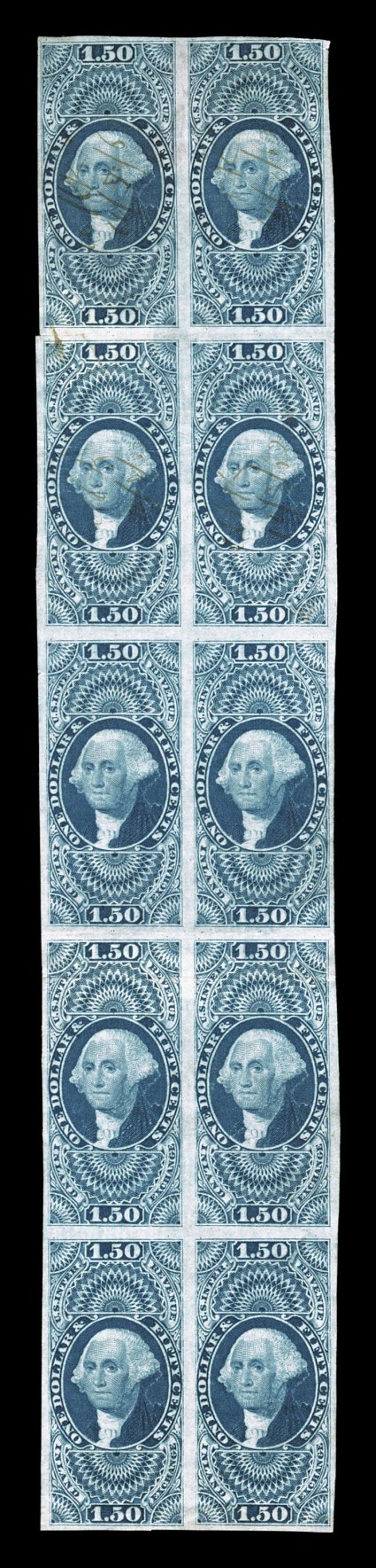 R78a, $1.50 Inland Exchange, imperforate, block of ten (2x5), full to large margins, deep rich color, light ms. cancels on the top four stamps, leaving the bottom six stamps
uncancelled, two horizontal creases, one of which is reinforced, scisso