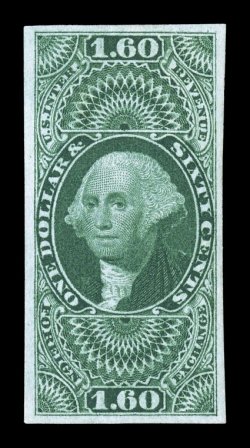 R79a, $1.60 Foreign Exchange, imperforate, rarely seen unused example, four large margins, sumptuously rich color and a highly detailed impression, extremely fine a most
desirable example of this scarce stamp.