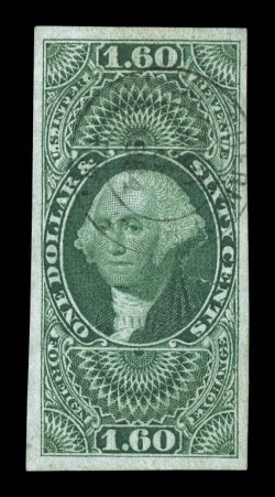 R79a, $1.60 Foreign Exchange, imperforate, select quality used single, with large margins all around, rich luxuriant color and an excellent clarity of impression, light 1864
c.d.s. handstamped cancel, extremely fine a scarce revenue in any cond