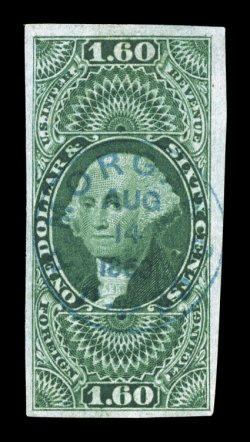 R79a, $1.60 Foreign Exchange, imperforate, a most impressive used example of this scarce stamp, four margins ranging from quite full to extra-large, excellent color that is
especially bright and rich, crisp impression, light centrally struck 186