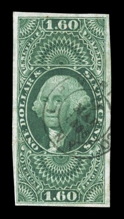 R79a, $1.60 Foreign Exchange, imperforate, four full to mostly large margins, lovely rich color, light double oval handstamped cancel, faint horizontal crease at bottom,
otherwise very fine.