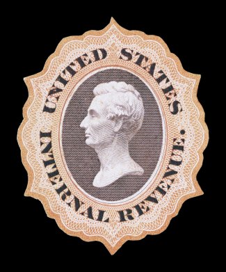 Turner Essay 21b, $1.00 U.S.I.R. Lincoln die essay in orange and dull purple, trimmed to shape with colored border, exceptionally bright and fresh, very fine.