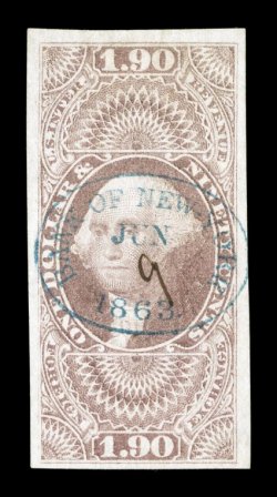 R80a, $1.90 Foreign Exchange, imperforate, large margins all around, fresh color and a clean impression, light blue 1863 oval handstamp of Bank of New York with ms. 9 inserted
by hand, light horizontal crease, otherwise very fine despite