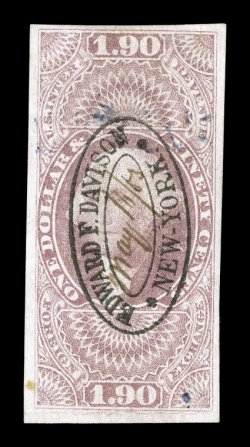 R80a, $1.90 Foreign Exchange, imperforate, four mostly large margins, strong color, cancelled by an oval handstamp of Edward F. Davison with ms. 1863 date in middle, a few
stray ink marks, horizontal crease in the bottom margins, light toned spo